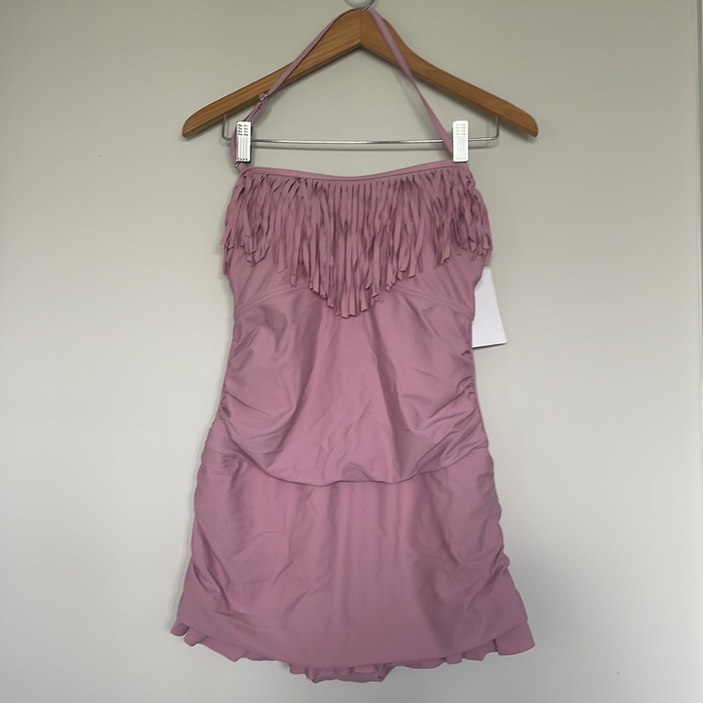 Meet.Curve rose ruffle & tassel pink one piece swim Sz L NWT